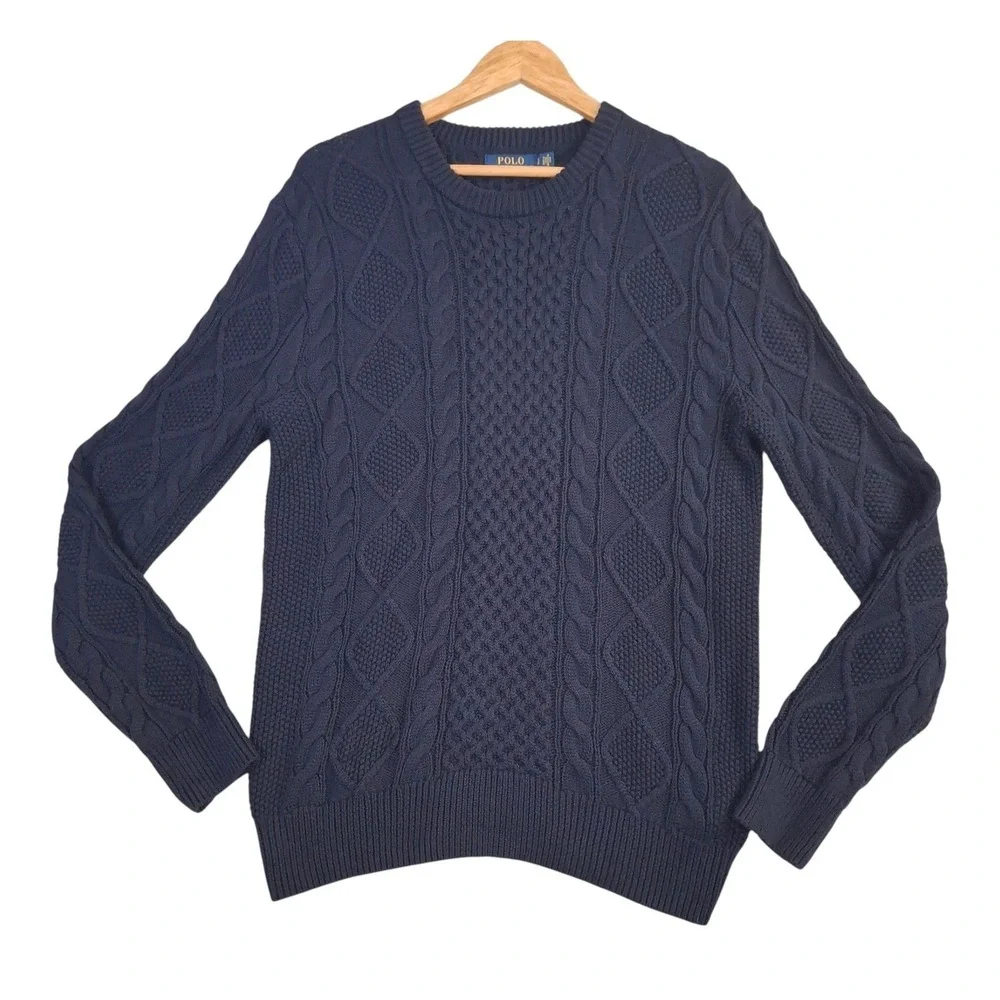 Polo Ralph Lauren Cable Knit Sweater Men's Small Navy Blue Cotton Crewneck S